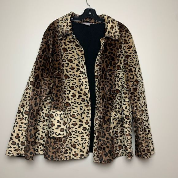 Tanjay Leopard Print Felted Jacket Blazer Fleece Lined Open Front Sz 24W - Picture 8 of 13